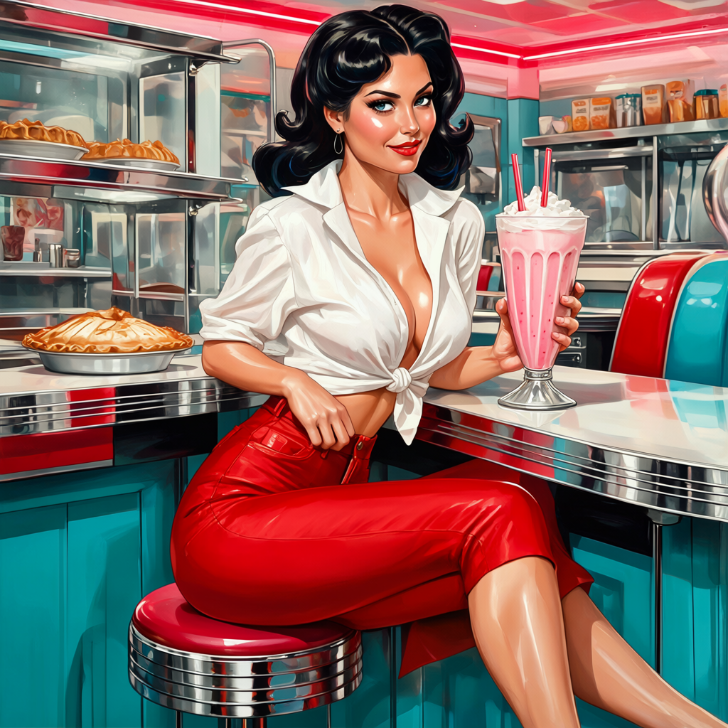 Pin-up sharing a milkshake with two straws at the diner counter