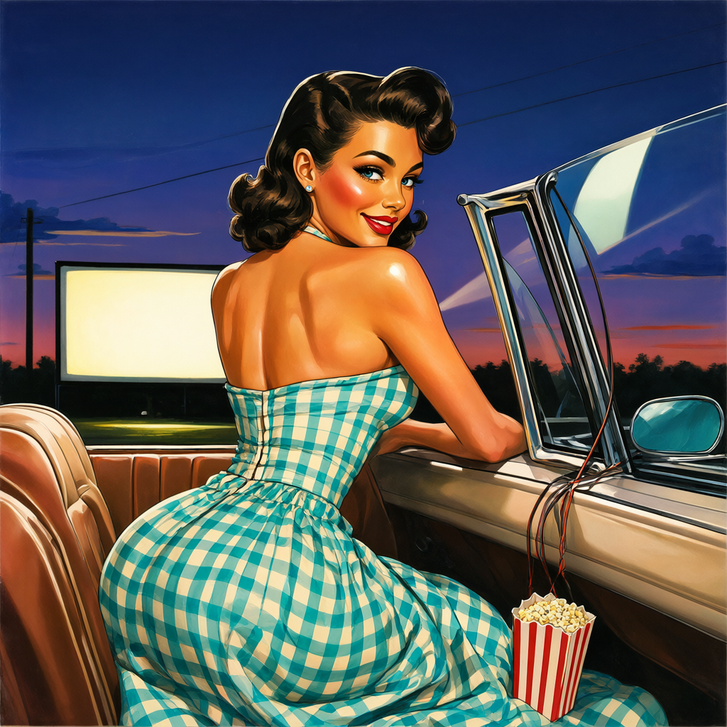 Pin-up at the drive-in movie, projector light sweeping past her