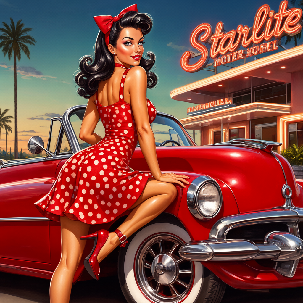 Launay-style pin-up beside a cherry-red convertible at the Starlite Motor Court