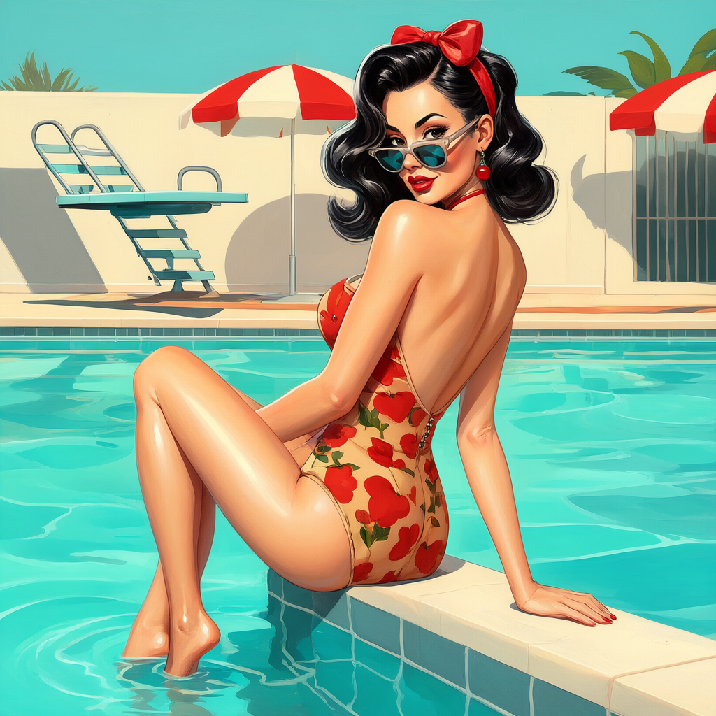 Pin-up at the pool edge, ankles dipped in turquoise water