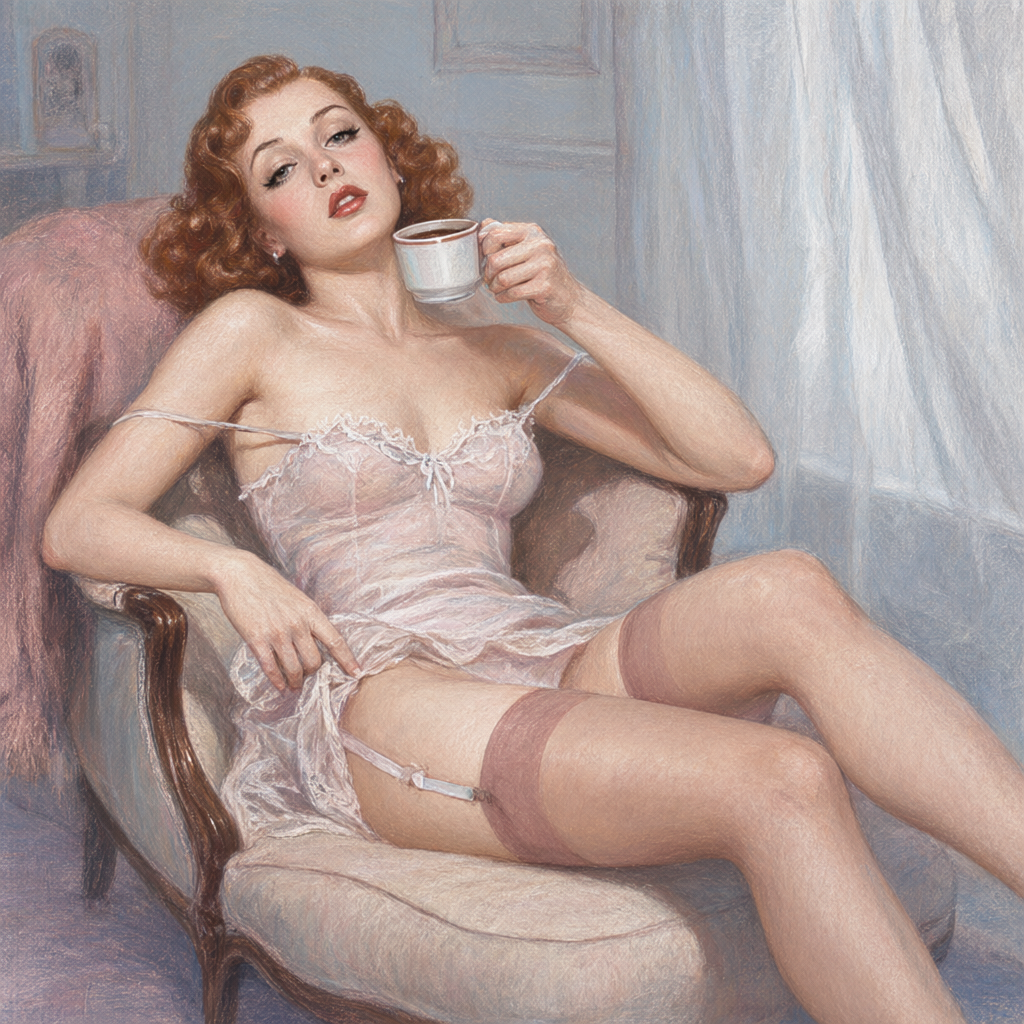 Mozert-style pastel pin-up woman in a lace-trimmed slip on a chaise in a powder-blue boudoir, half-lidded eyes over a coffee cup