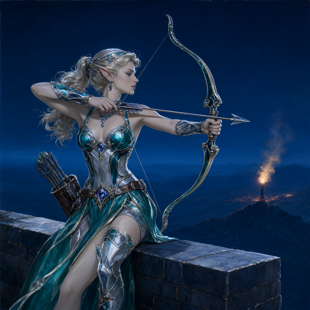 Elven archer in teal-and-silver leathers on a high night wall, arrow nocked, watching a distant burning signal