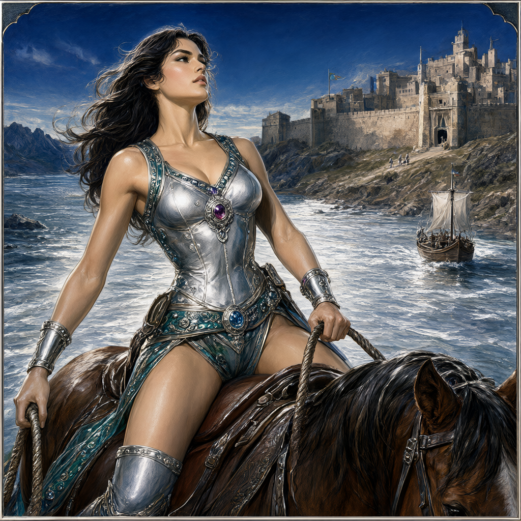 Outrider in silver-studded leathers holding a rope as a flat ferry crosses a silver river toward a walled outpost