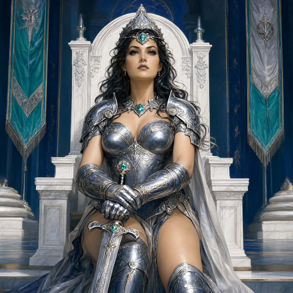 Warrior woman in engraved silver armor kneeling with her sword crossed over her gloved hand before a throne of white stone