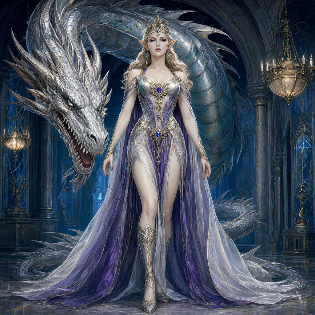Elven ambassador in silver-and-violet court robes standing unflinching before a great silver dragon in a vaulted hall
