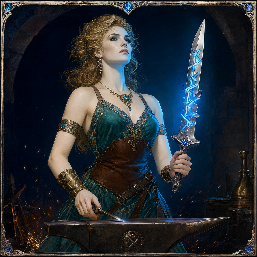 Smith-priestess in a teal gown and leather apron lifting a newly forged glowing runeblade from anvil light