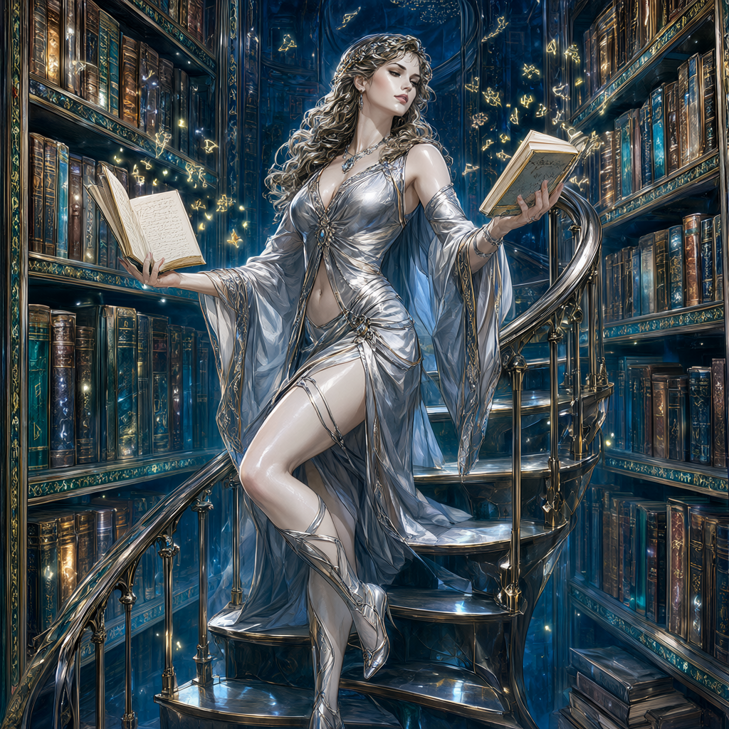 Scholar in silver robes on a spiral stair between towering glass shelves of glowing grimoires