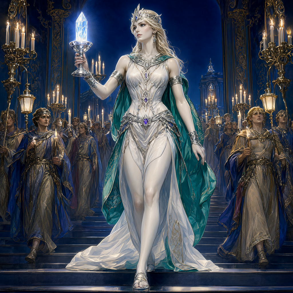 Priestess in white and silver carrying a glowing crystal chalice at the head of a candlelit procession up temple steps