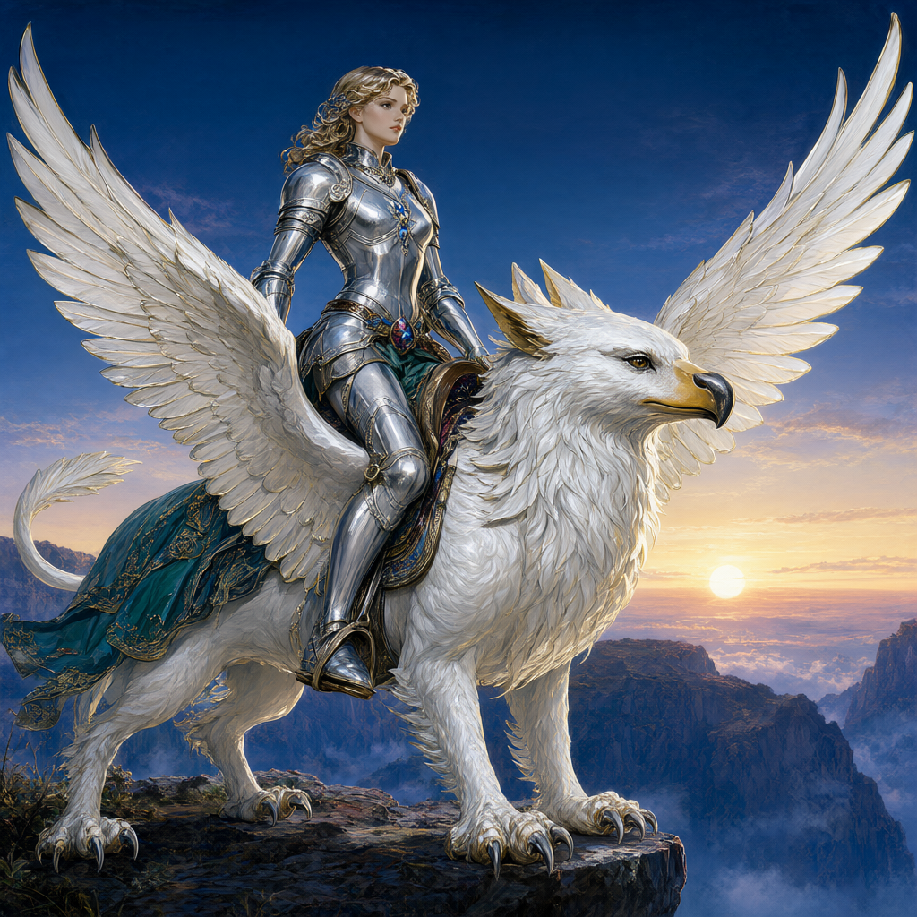 Rider in silver mail settling onto a griffin's saddle as it spreads its wings on a cliff ledge