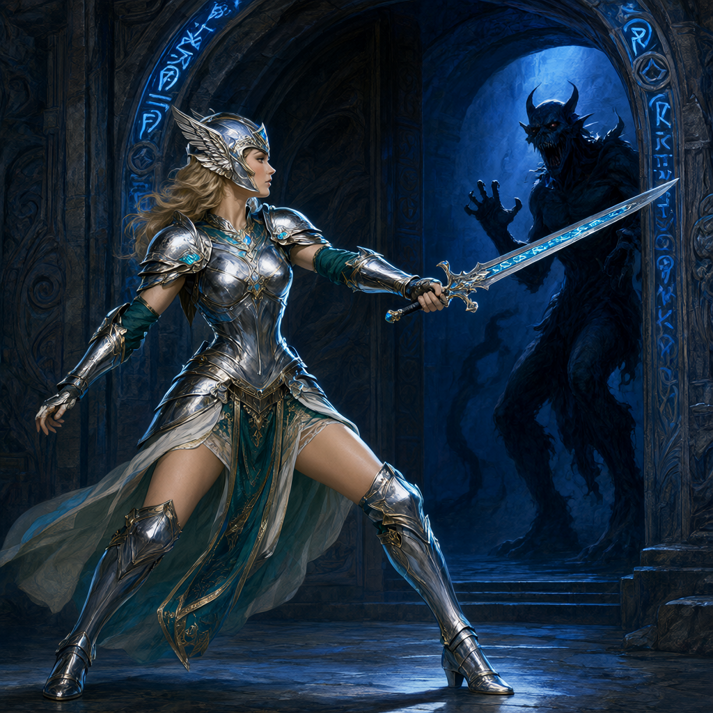 Parkinson-style elven paladin in silver-and-teal plate at a rune-carved dungeon gate