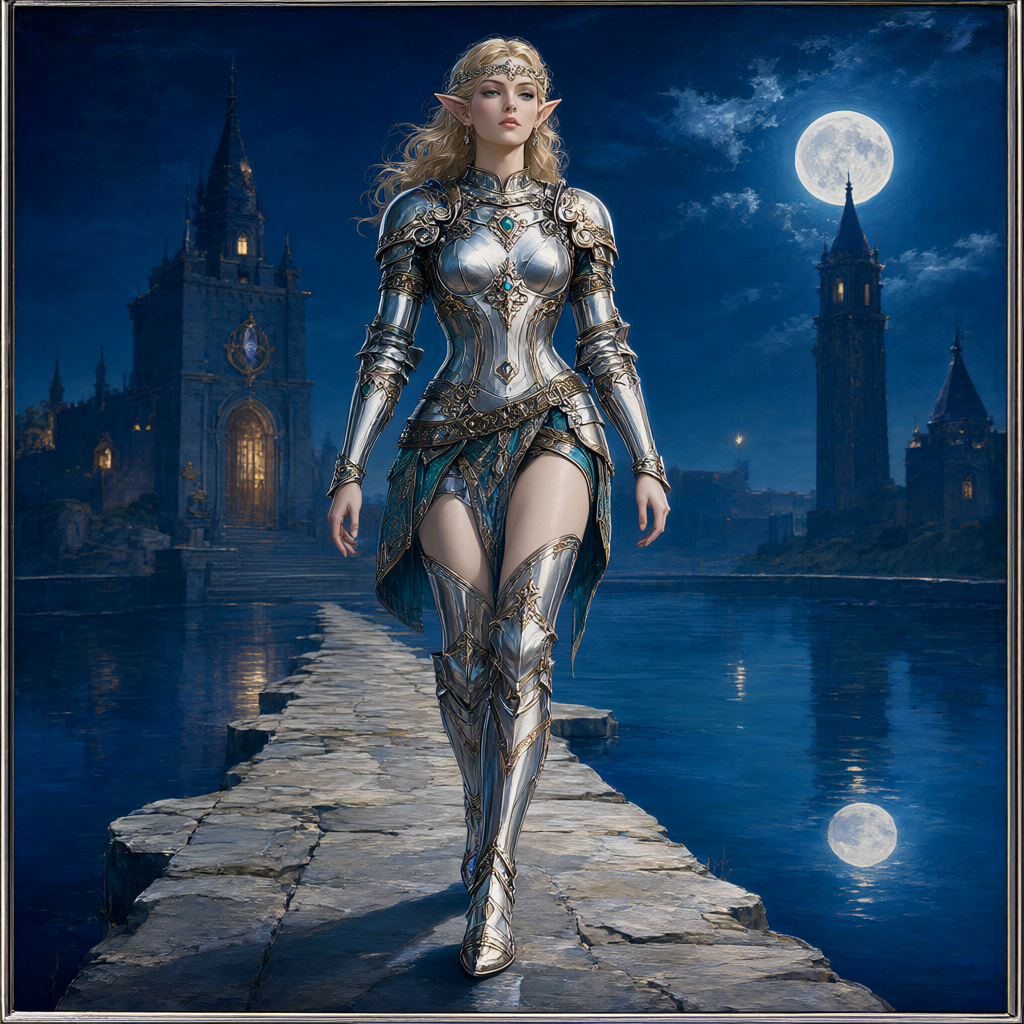 Elven knight in silver mail walking a stone causeway across still water toward an illuminated gate tower under a full moon
