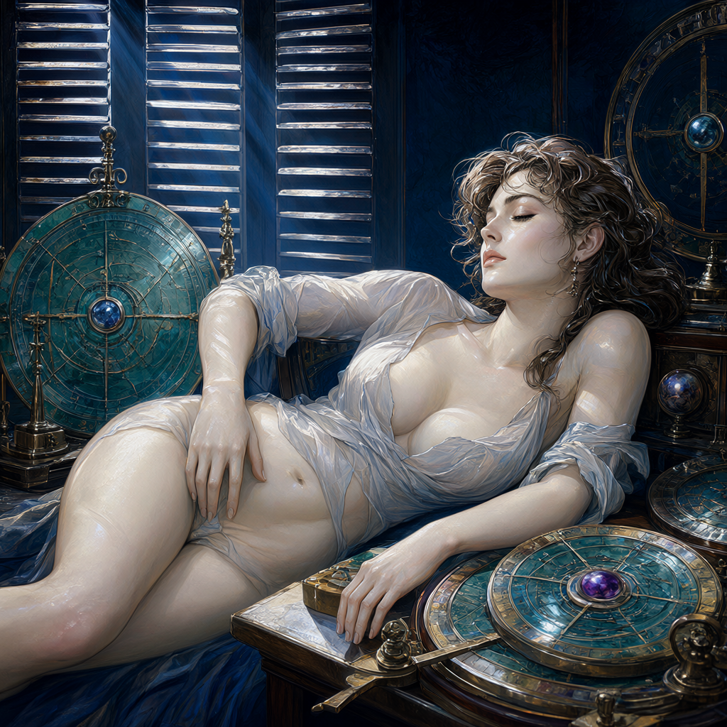 Watcher in shirtsleeves asleep at a table of stopped astrolabes, comet light through the shutters