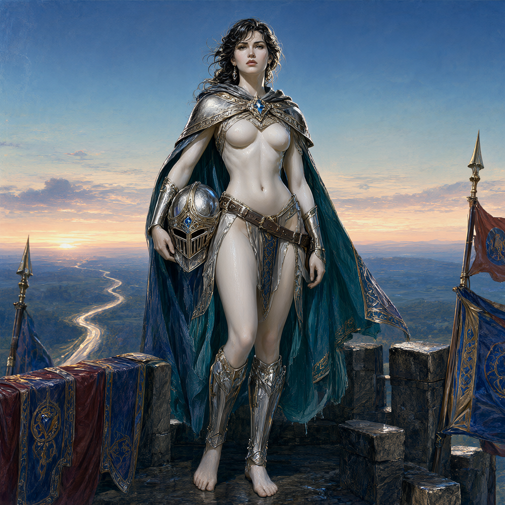 Paladin in a travel cloak standing on the gate tower at first light, helmet under her arm, banners wet with rain