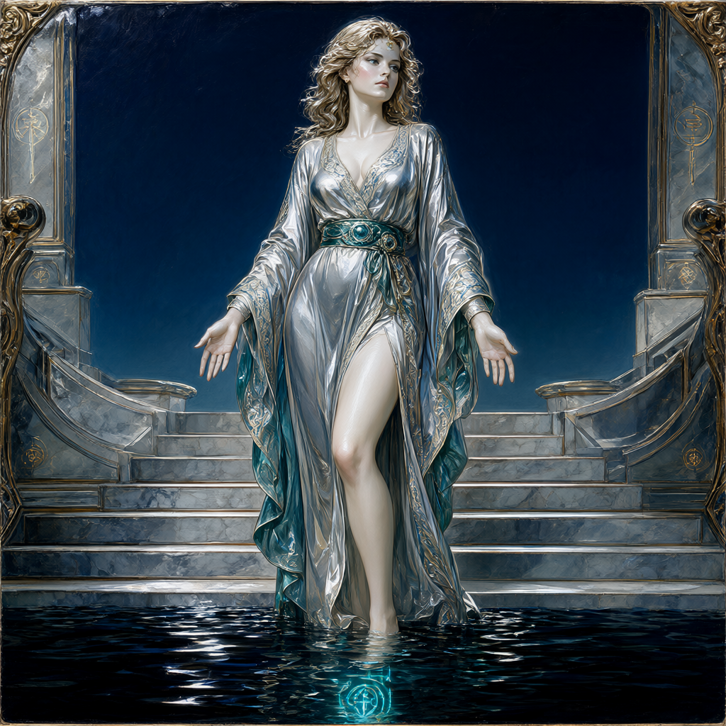 Figure in loose silver robes standing ankle-deep where a flooded stair descends into black water and glyph light