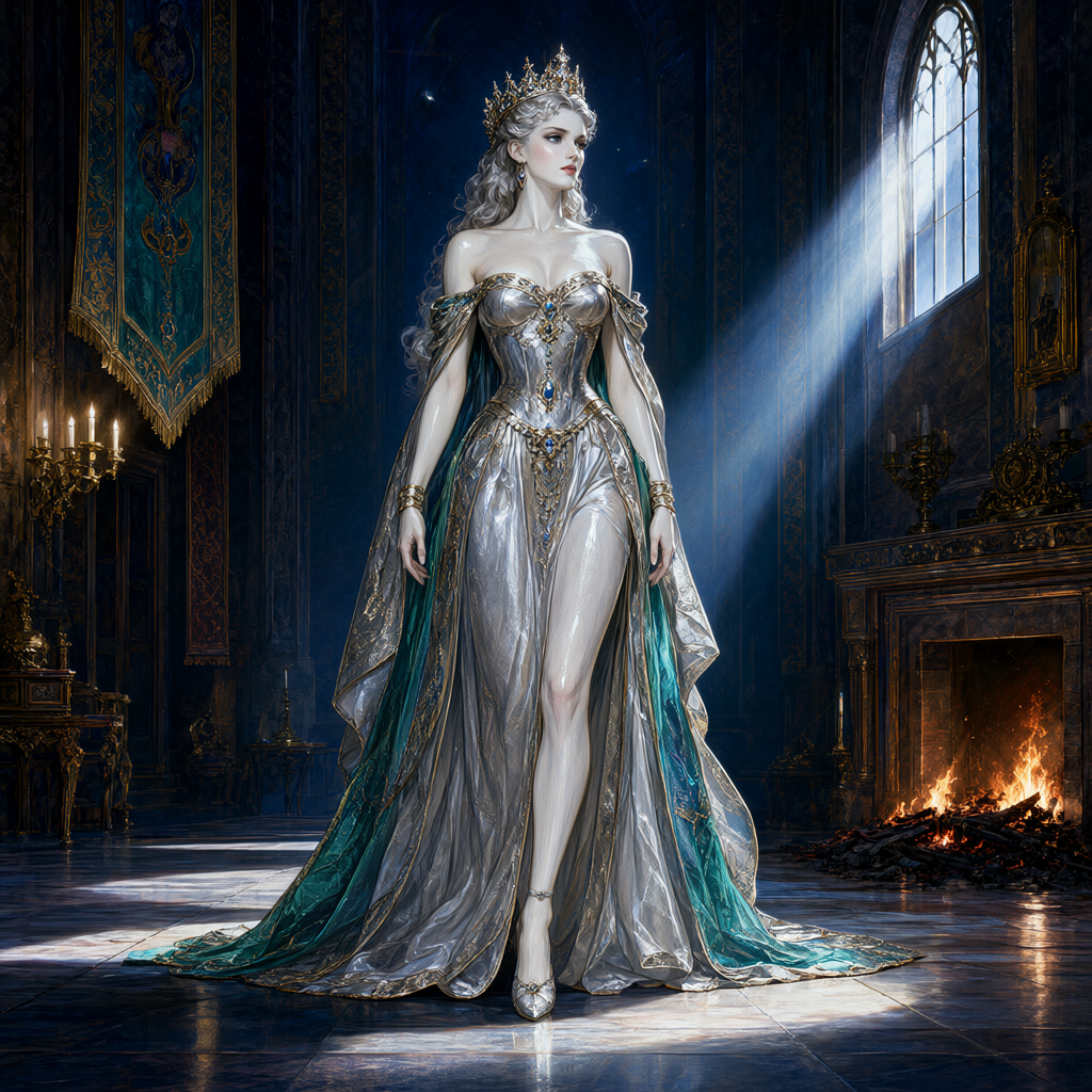 Queen in a silver gown descending alone through a banner-hung hall with the hearth burnt down to coals