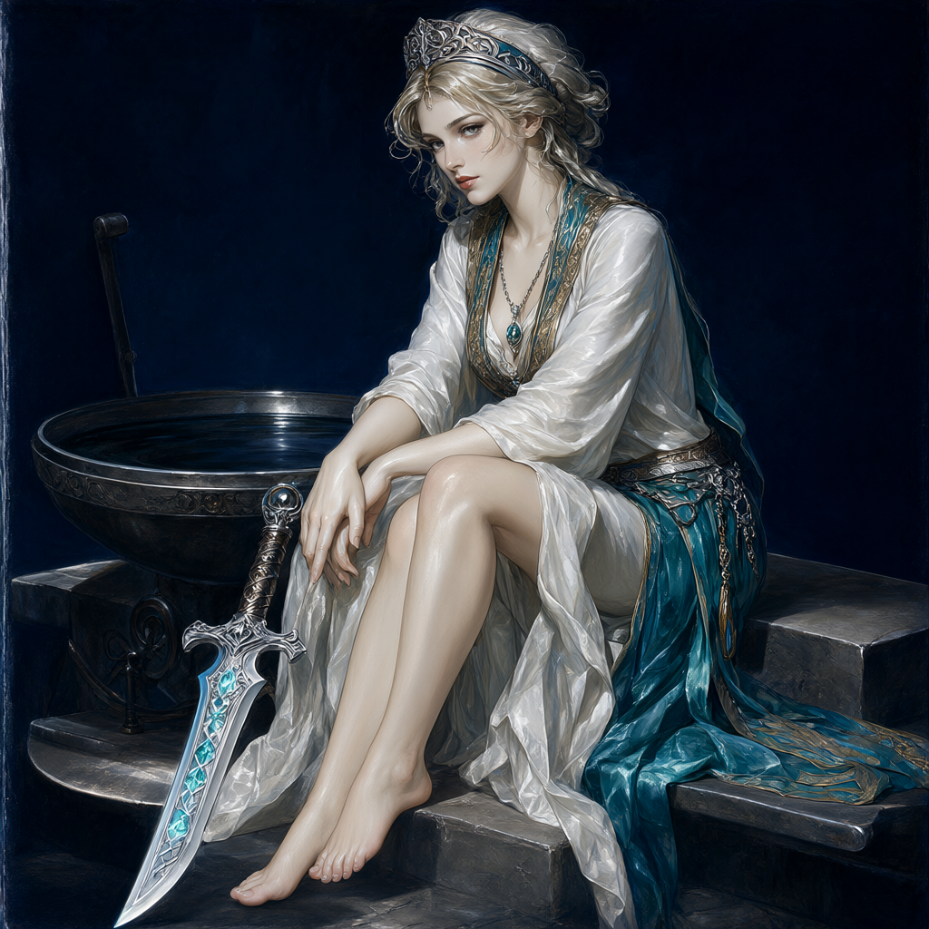 Smith-priestess in an open robe sitting on the anvil step in the dark, an unlit runeblade across her knees