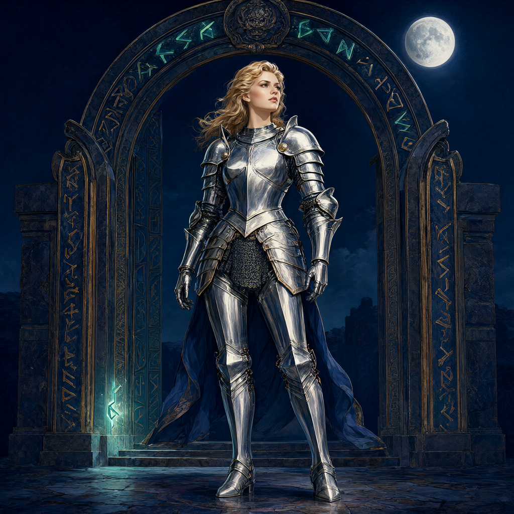 Lone knight in dulled silver armor standing before an unlit rune gate under a moonless sky, one glyph faintly alive