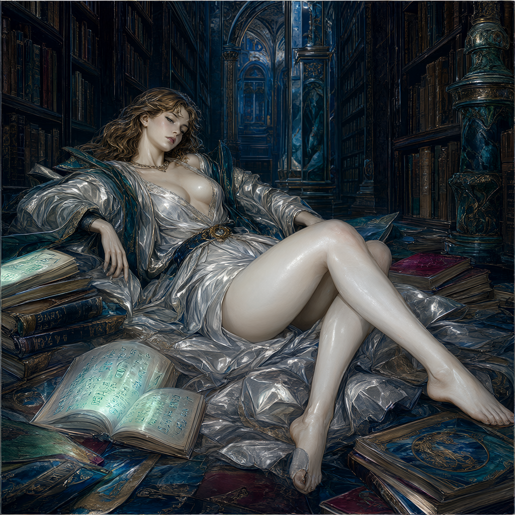Scholar in a fallen-open robe asleep among scattered grimoires, one book's glyphs still faintly glowing