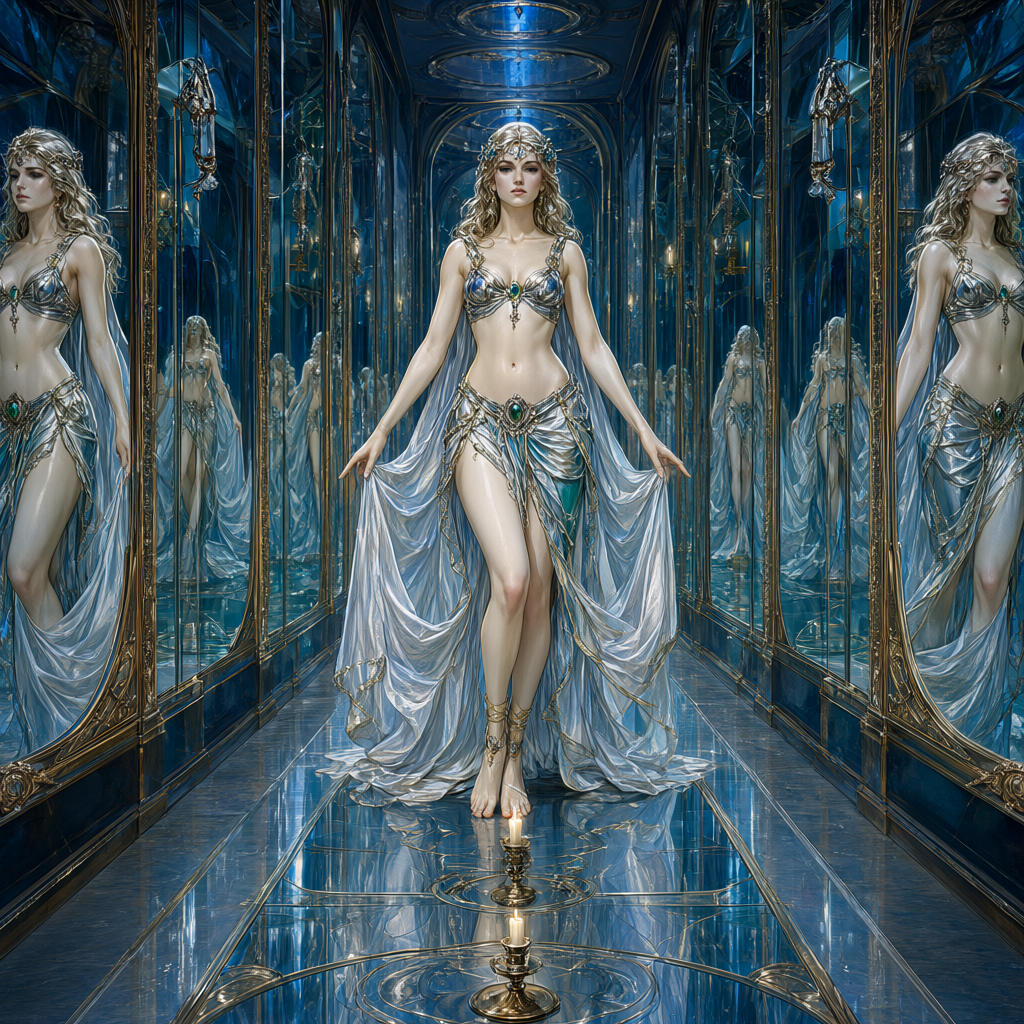 Dancer in silver veils alone in a vault of tall mirrors, candlelight multiplying down the reflections