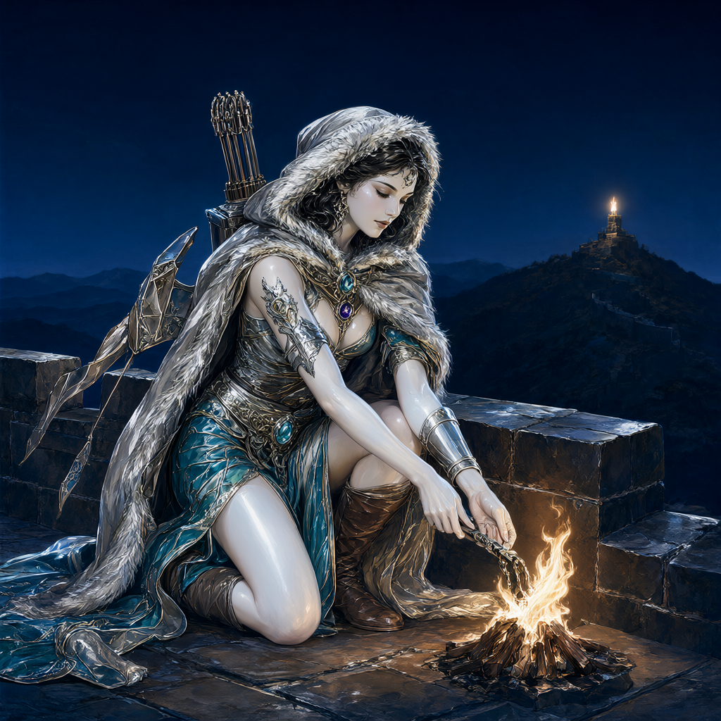 Archer in a fur-hooded cloak feeding a small signal fire on the night wall, the far ridge dark