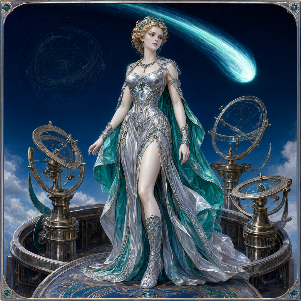 Watcher in layered silver robes standing on an observatory ring under a huge teal comet