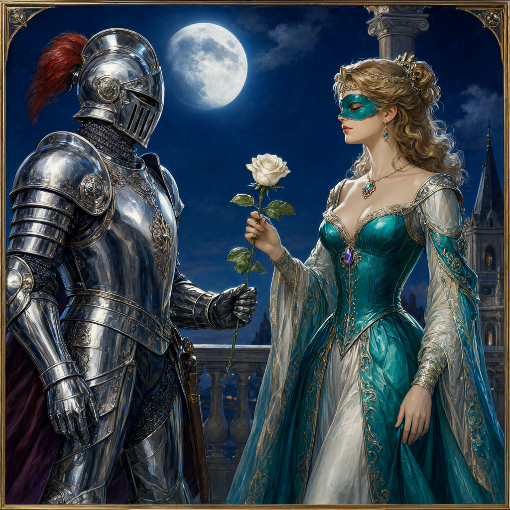 Knight in full silver plate accepting a single white rose from a masked noblewoman on a balcony