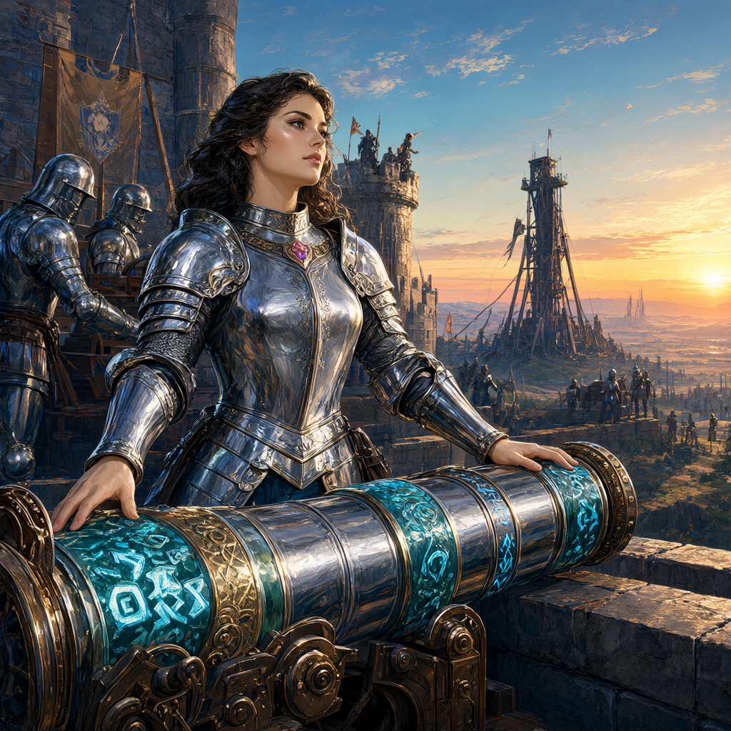 Artillerist in silver brigandine touching a glowing rune cannon on a fortress wall at dawn