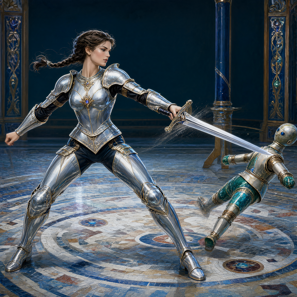 Swordswoman in fitted silver practice armor riposte-ing a training dummy that slides backward from the impact