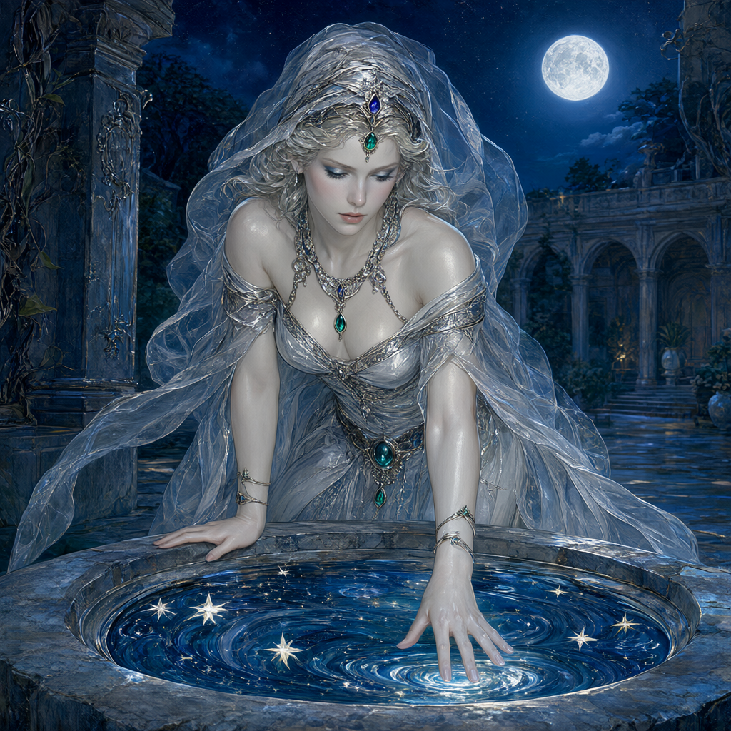 Seer in gauzy silver veils leaning over a round stone well full of swirling stars in a moonlit courtyard