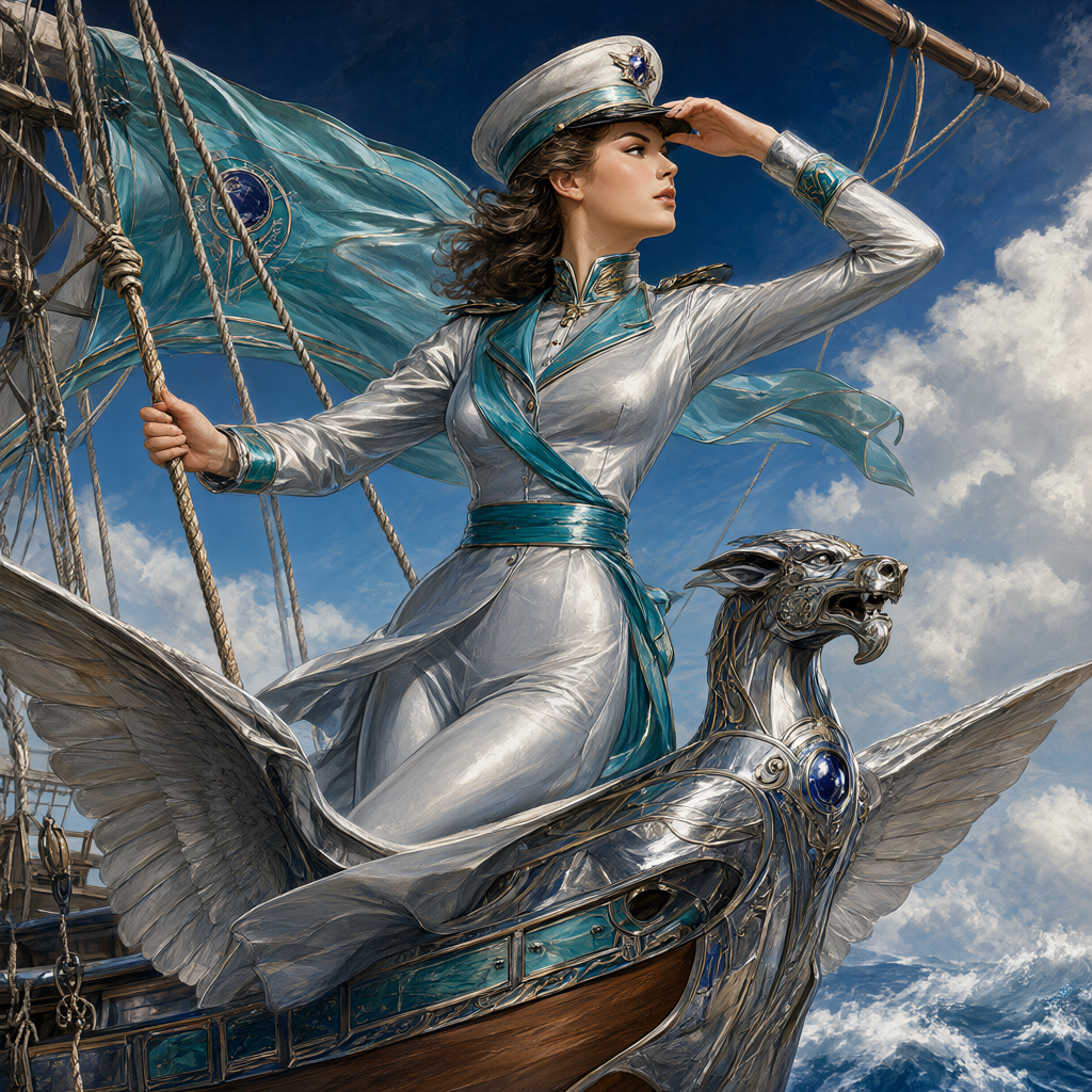 Sky officer in silver uniform at the rail of a winged sky-ship above teal clouds, hair and banner streaming