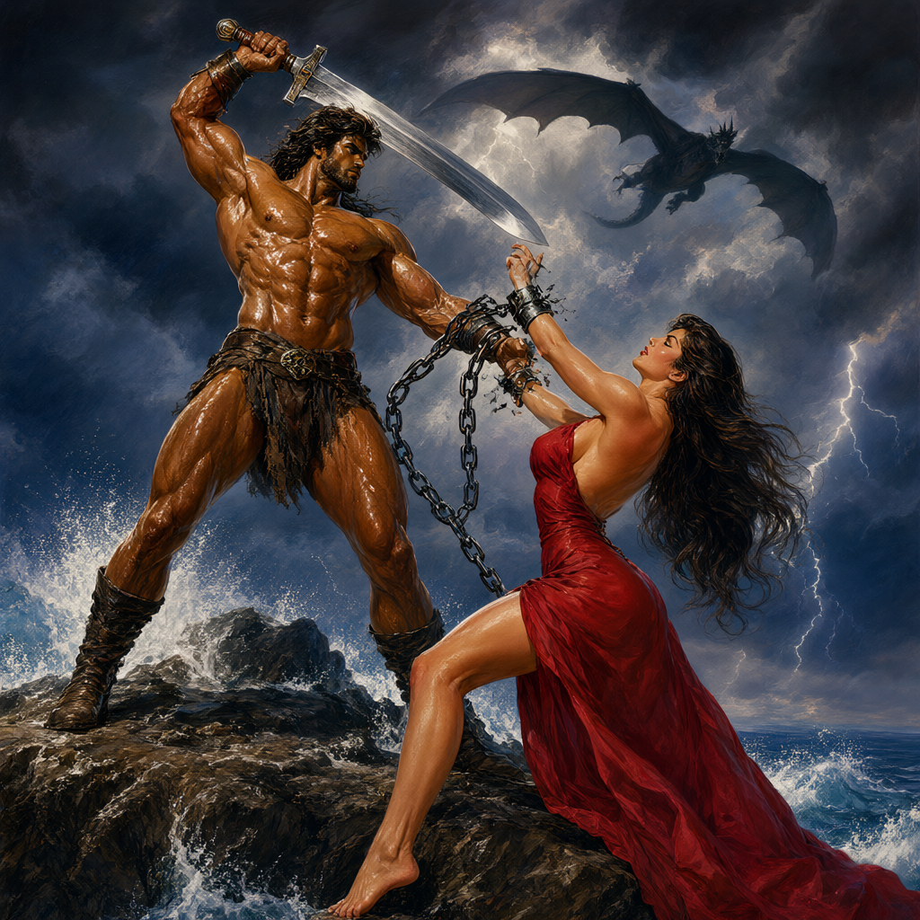 Barbarian swinging a great sword to sever the chains of a crimson-gowned woman on a storm-swept cliff