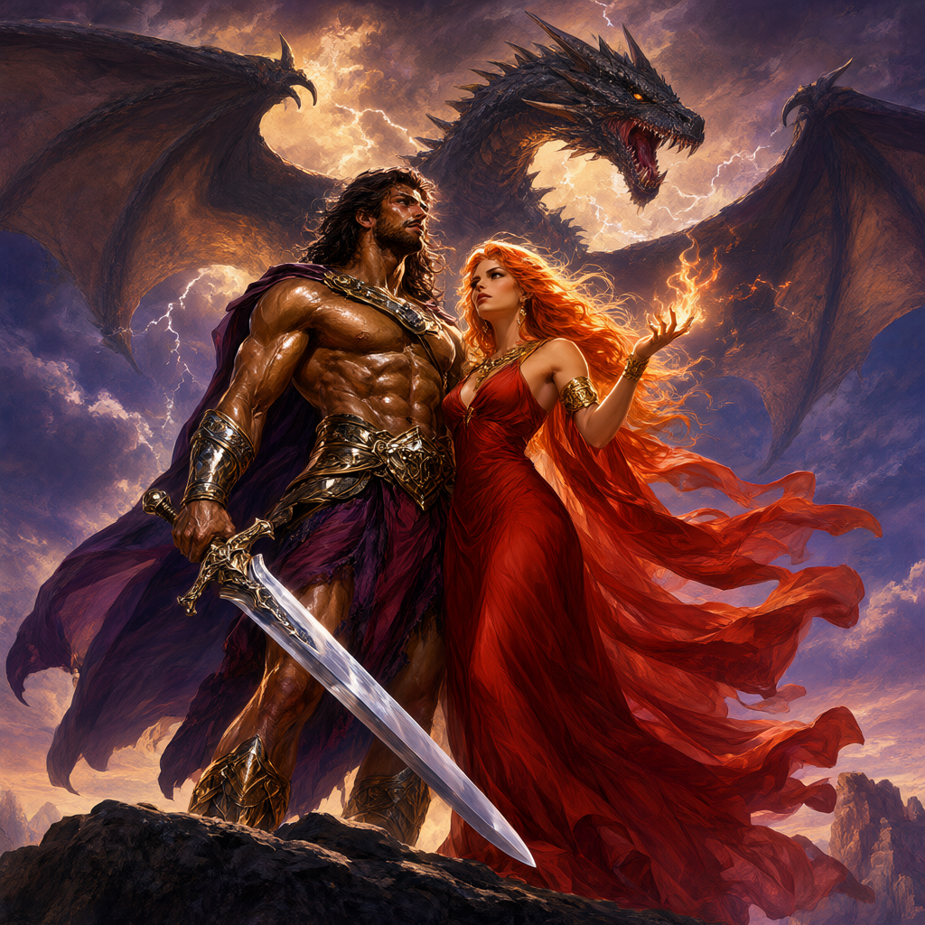 Bronze barbarian with a great sword beside a crimson-gowned sorceress, dragon overhead in storm light