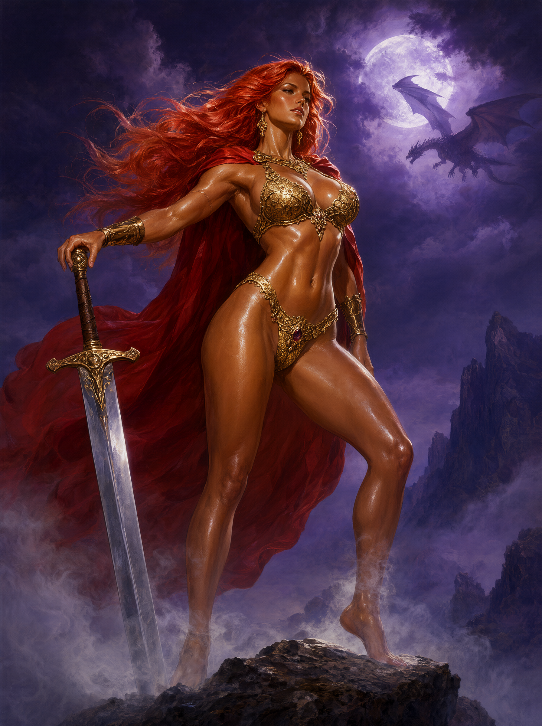 Vallejo-style warrior queen in golden chainmail on a windswept cliff