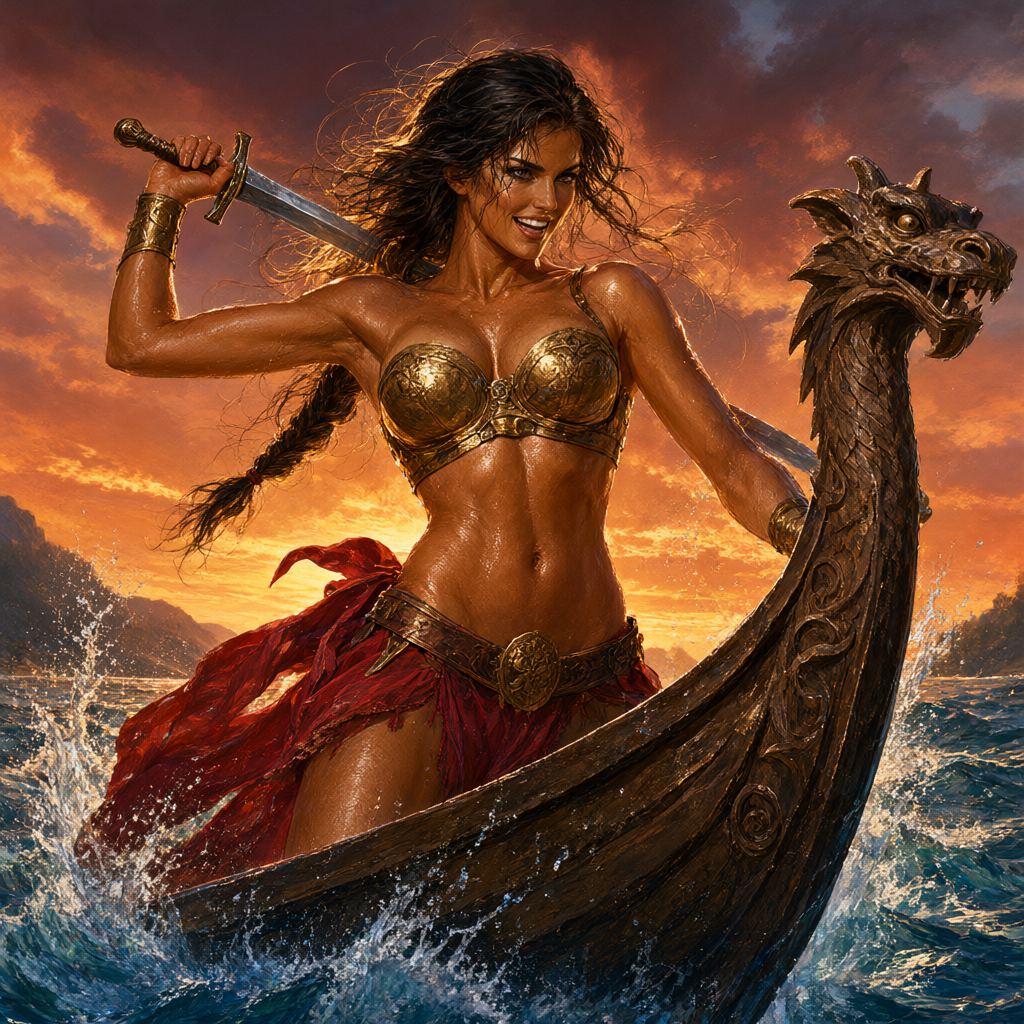 Shieldmaiden in a golden breastplate standing in a longboat prow with her sword raised against a copper sunset
