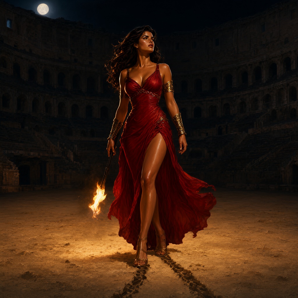 Warrior woman in a crimson gown walking the sandy floor of an abandoned colosseum alone, carrying a torch