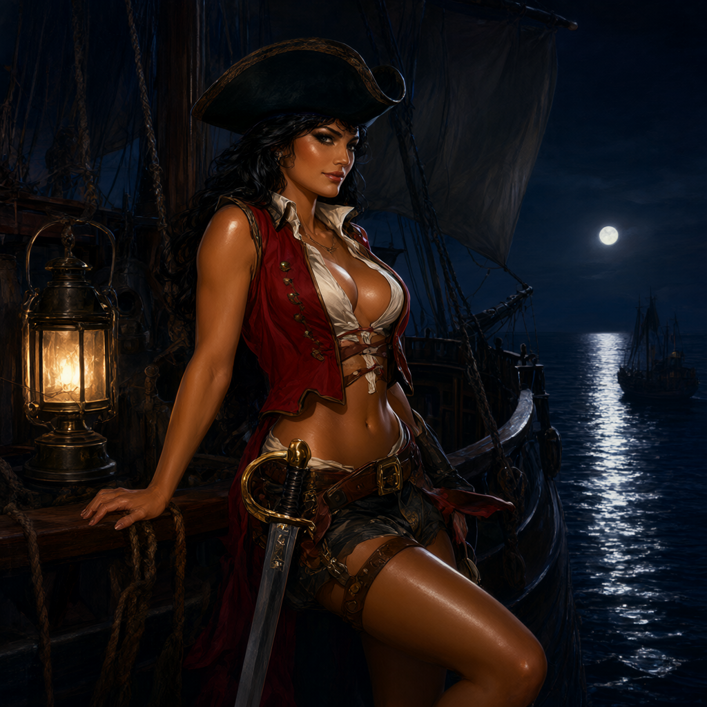 Pirate captain in a tricorn hat leaning on the stern railing of a moored galleon at midnight