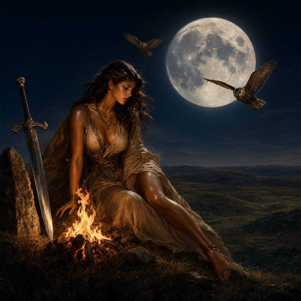 Warrior queen in flowing robes tending a small fire beside a standing stone, sword planted in the turf