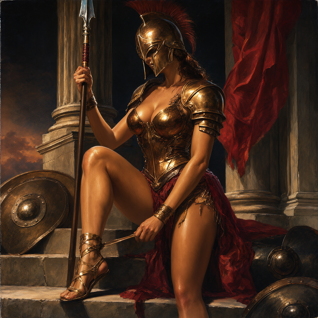 Warrioress in bronze armor with a crested helmet pausing to tighten her sandal strap on temple steps