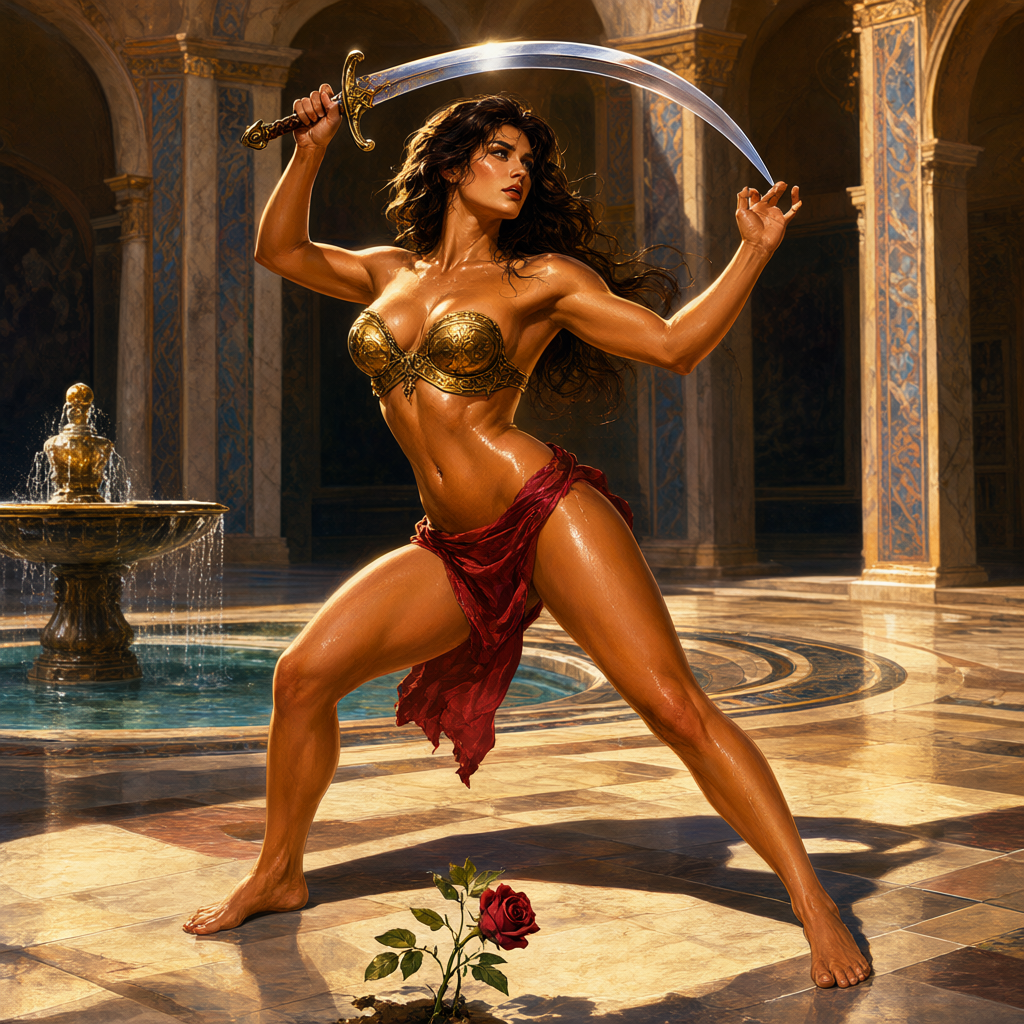 Swordswoman in a golden breastplate drilling with a curved scimitar in a sunlit palace courtyard
