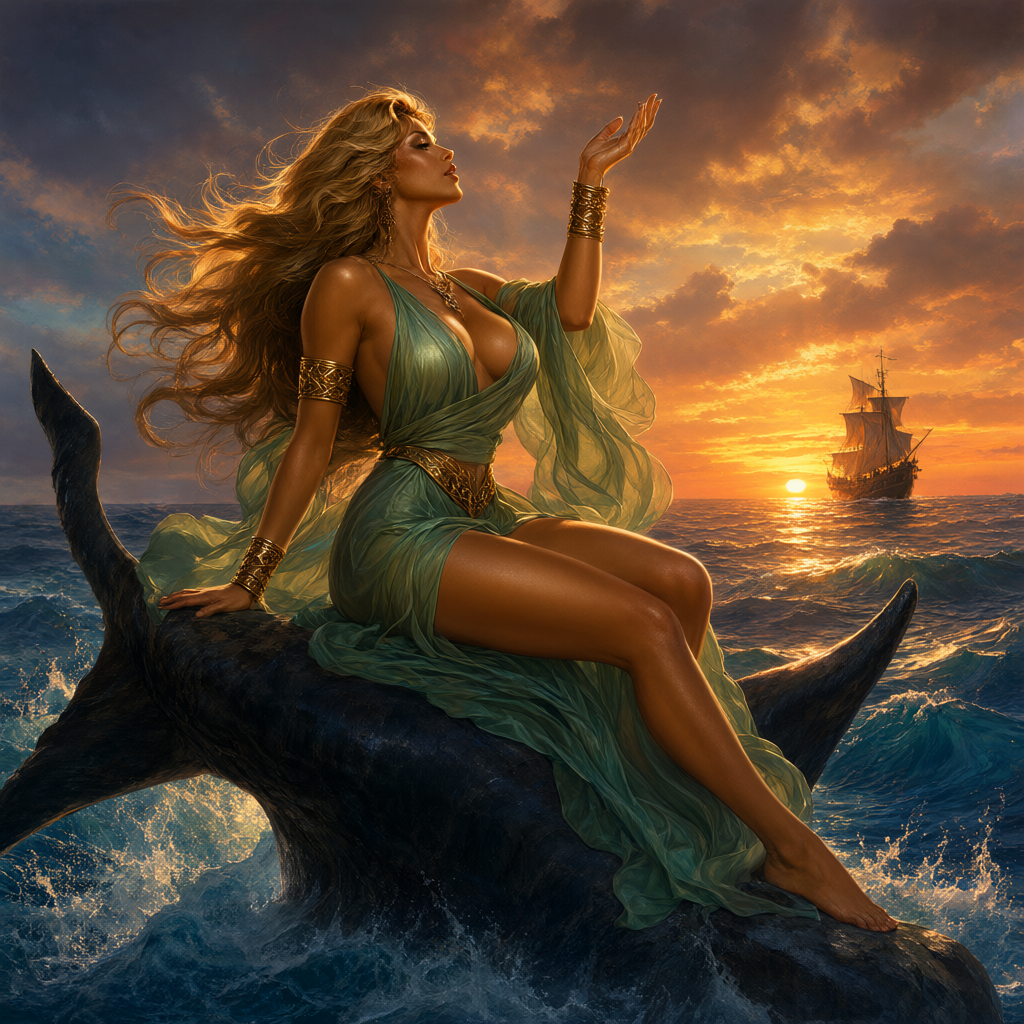 Sea enchantress in flowing silks singing from a whale-backed rock toward a distant ship at dusk