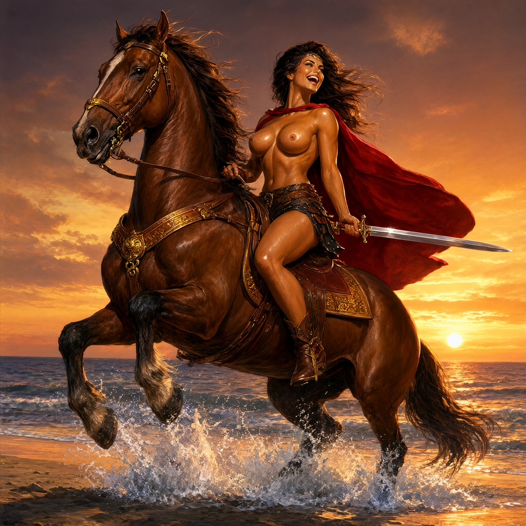 Warrior riding a rearing chestnut horse along the beach at sunset with a sword level with the horizon