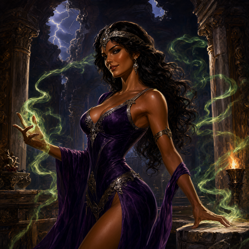 Dark sorceress in a purple gown conjuring green wisps above a stone altar in a torchlit ruined temple