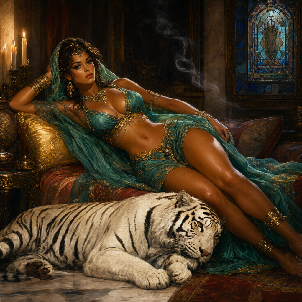 Beauty in a sheer teal veil lounging on a silk-draped divan with a white tiger in a candlelit marble chamber