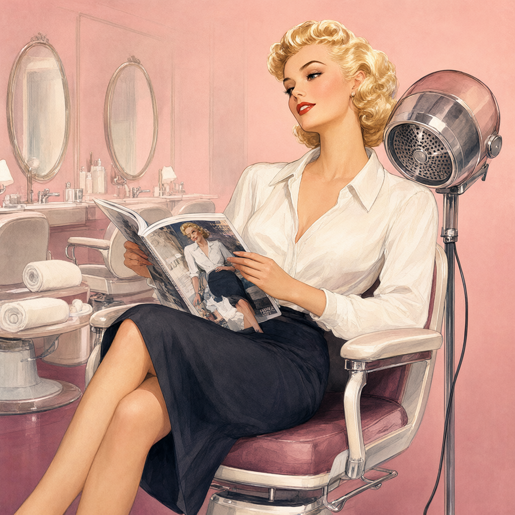 Pin-up under the salon dryer with an open magazine