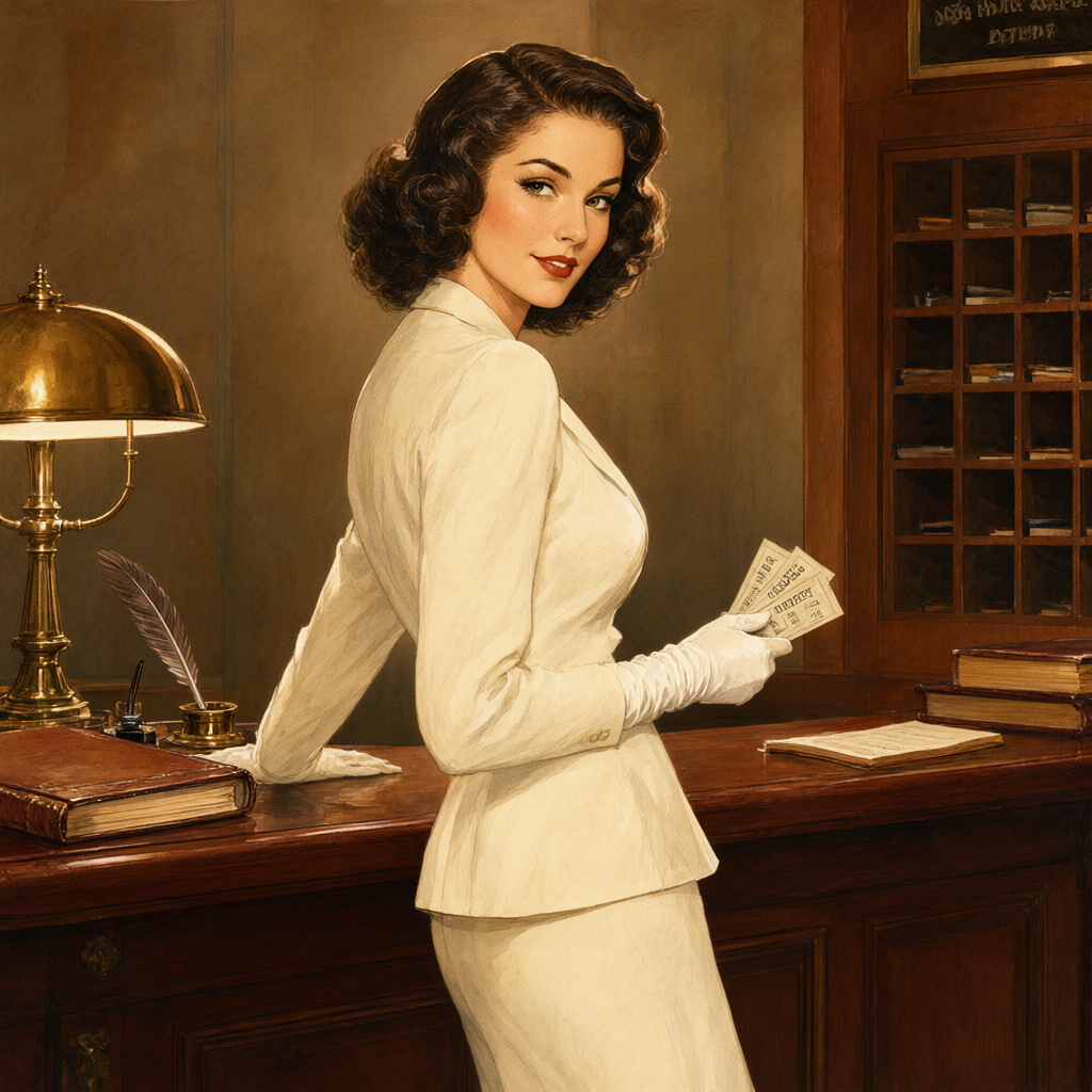 Gloved pin-up holding theatre tickets at the concierge desk