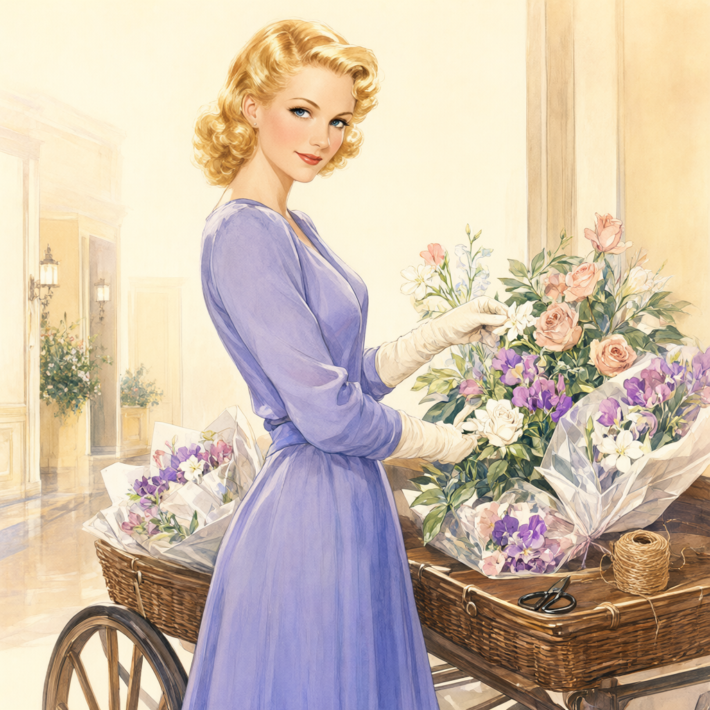 Pin-up choosing flowers from the hotel florist cart in morning light