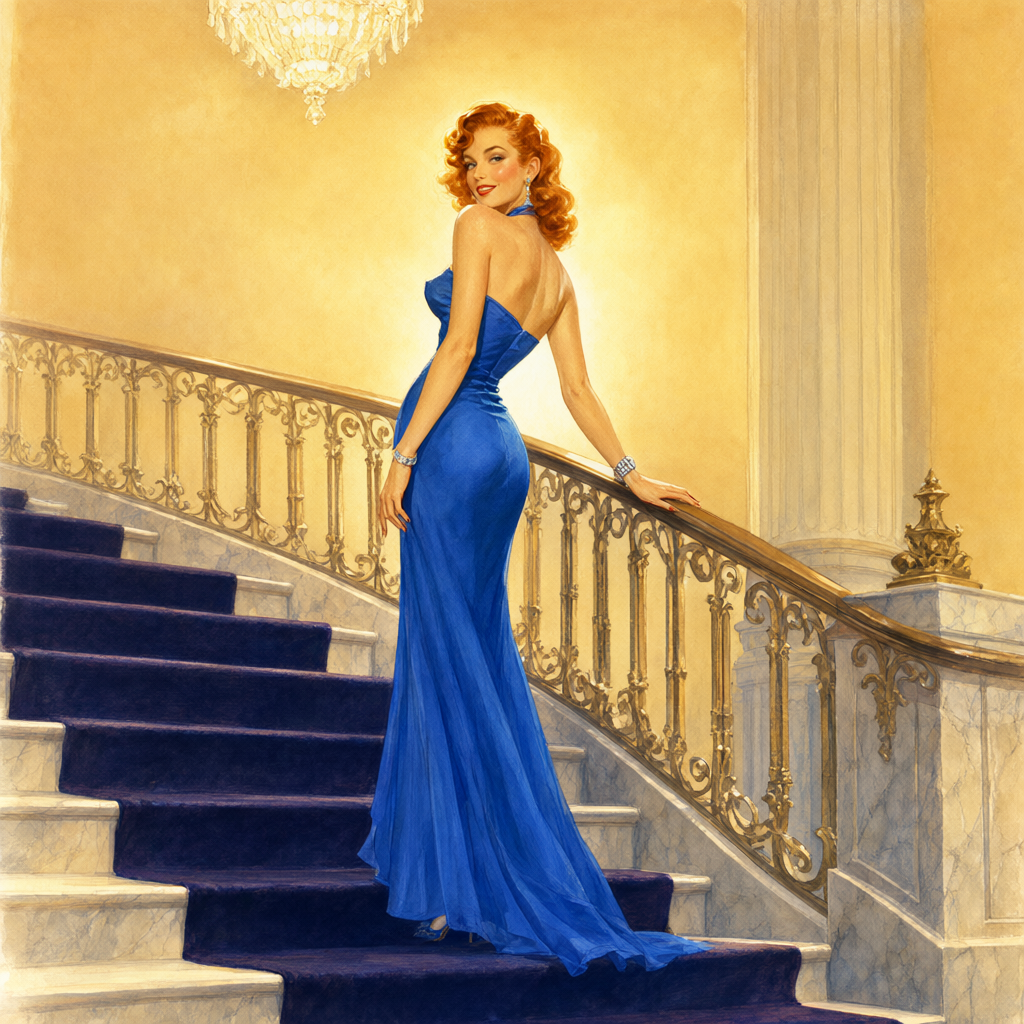 Pin-up in a sapphire gown descending the hotel grand staircase
