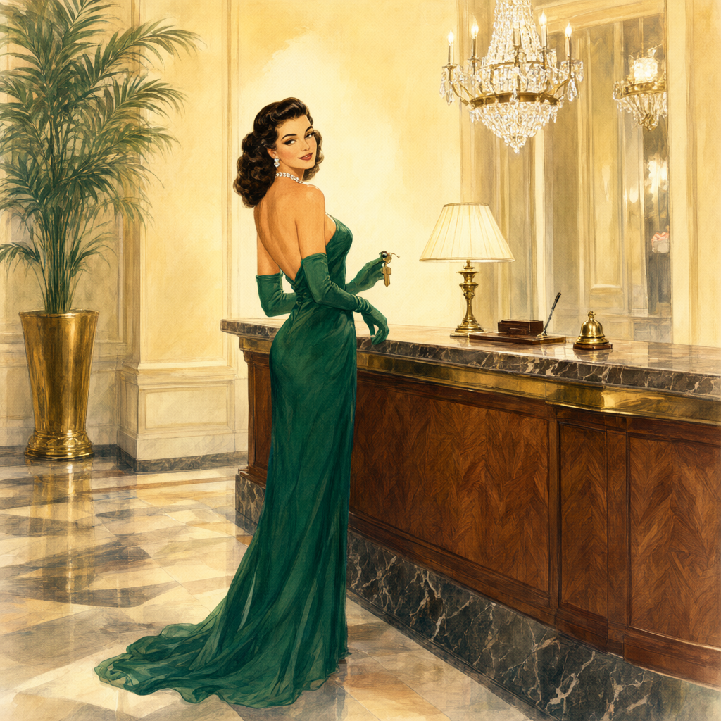 Pin-up at the Hotel Marlowe front desk, room key in her gloved hand