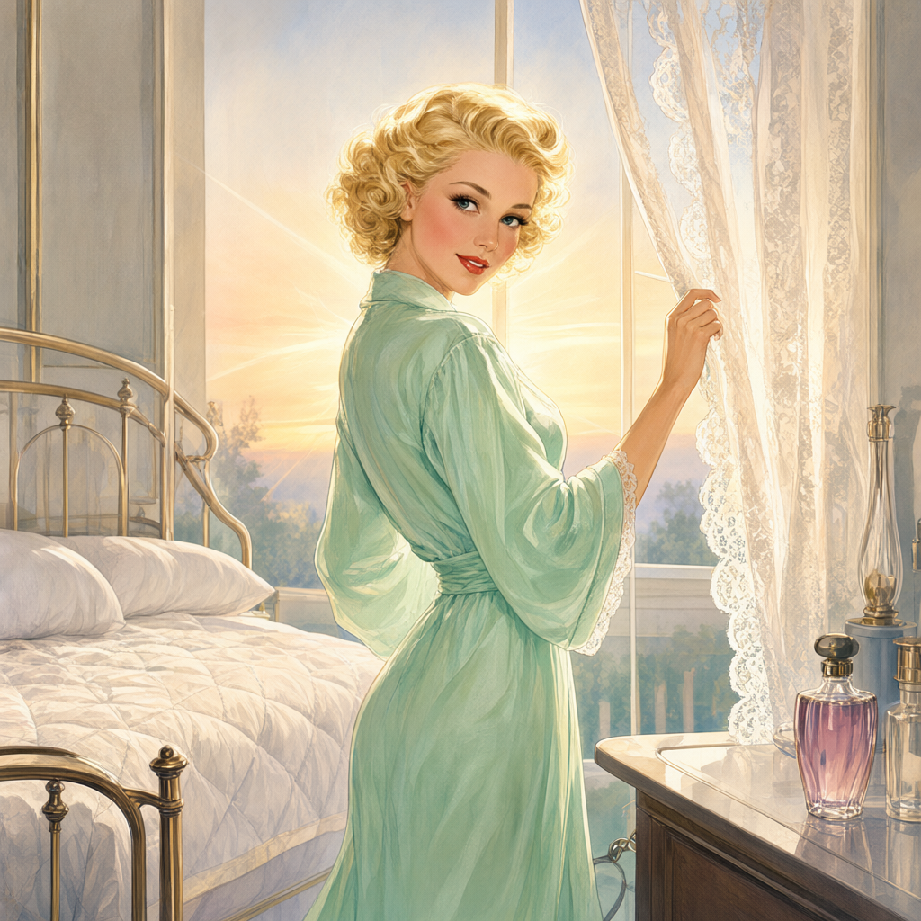 Vargas-style pin-up drawing a lace curtain at dawn