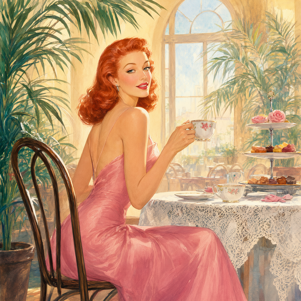 Pin-up at tea in the Palm Court, teapot paused mid-pour